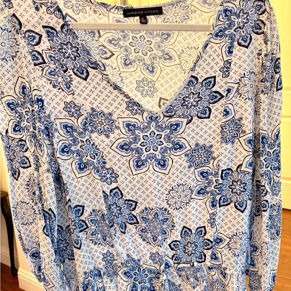 Adrienne Vittadini White and Blue Patterned Blouse